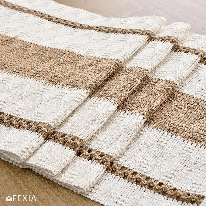 FEXIA Boho Table Runner for Hoilday Spring Home Decor Farmhouse Rustic Table Runner Macrame Burlap Coffee Table Decor House Decoration for Living Room Bridal Shower (12x72 Inches)