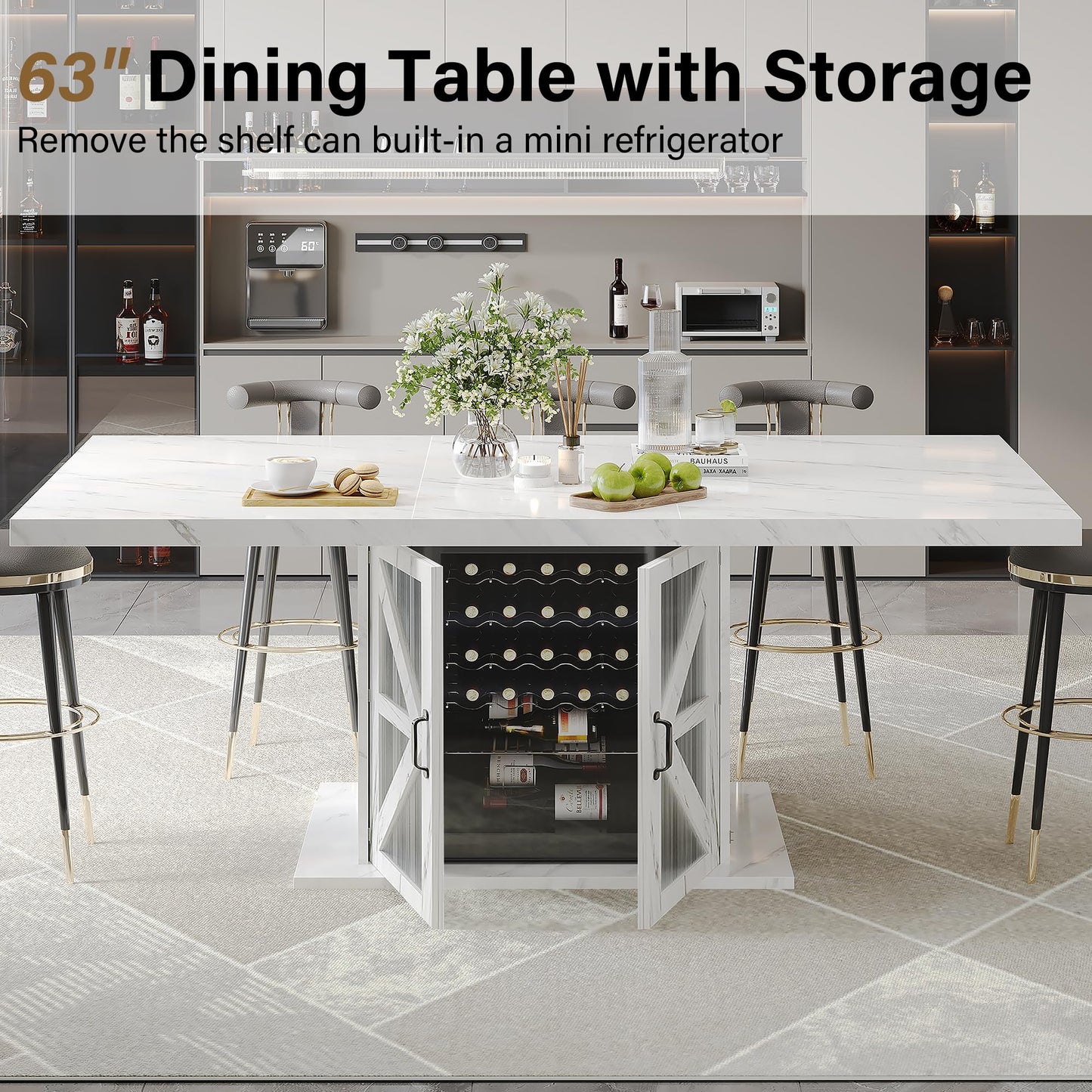 LVB Modern Dining Table for 4 to 6, White Rectangle Kitchen Table with Storage, Wooden Pedestal Dining Room Table with Fridge Space, Large Dinner Tables for Home,Living Room,White Faux Marble, 63 Inch
