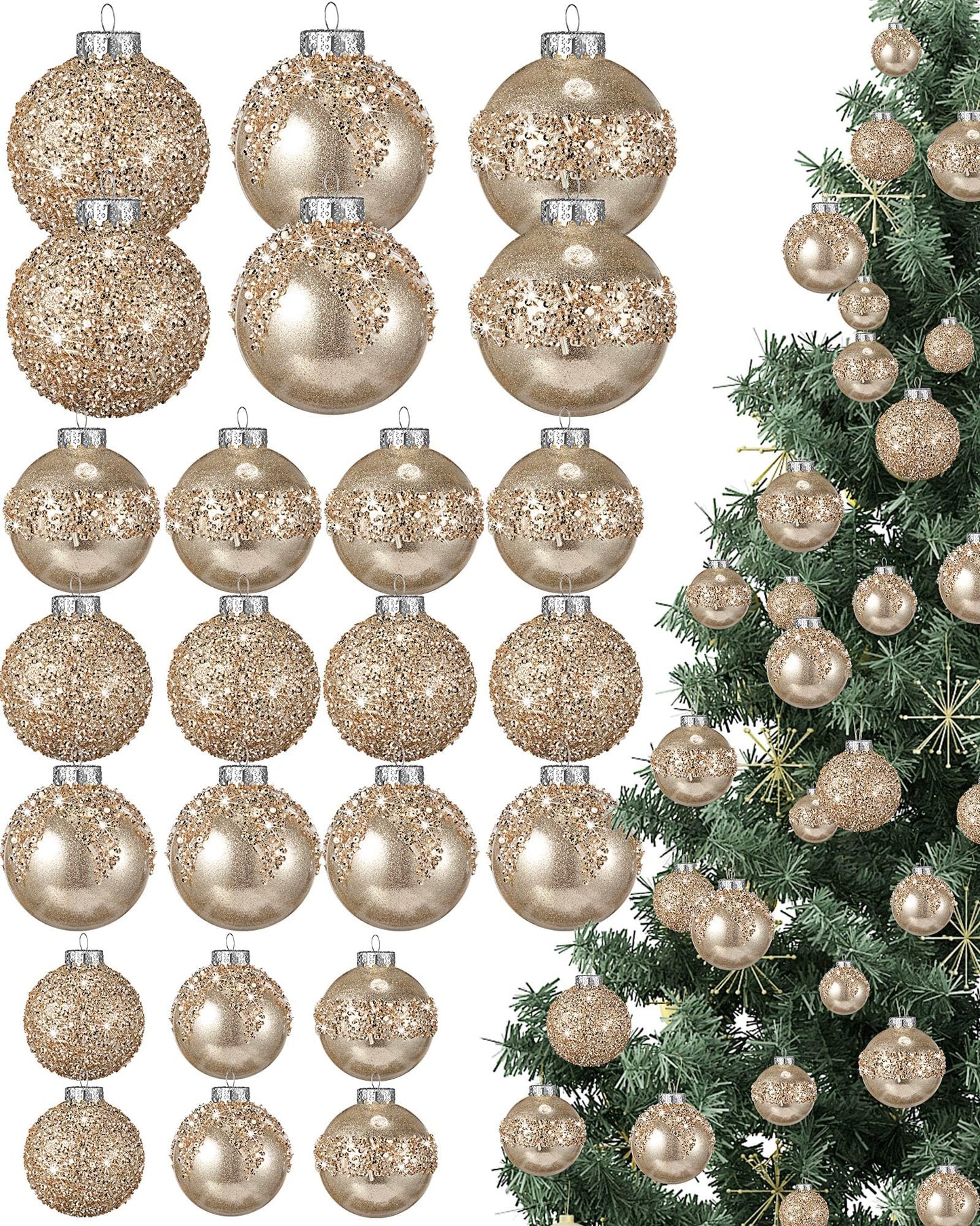 Civaner 24 Pcs Glitter Christmas Ball Ornaments Set 3.2'' 2.4'' 1.6'' Christmas Tree Ornaments Hanging Sequin Shatterproof Balls for Xmas Tree Wreath Garland Xmas Home Decor(Champagne Gold)