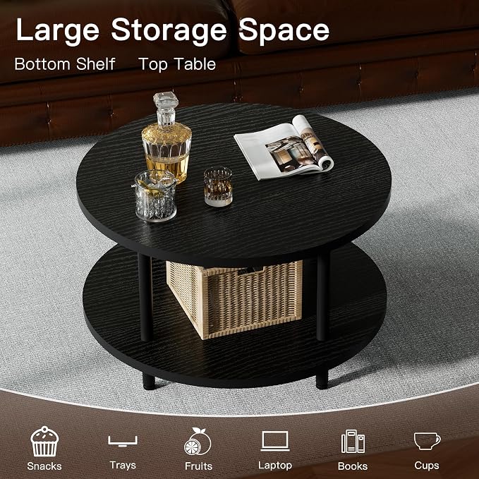 FAMIDGE Round Coffee Table, 23.6" Circle Coffee Table for Living Room, 2-Tier Wood Accent Center Table with Open Storage Industrial Design Home Furniture, Black