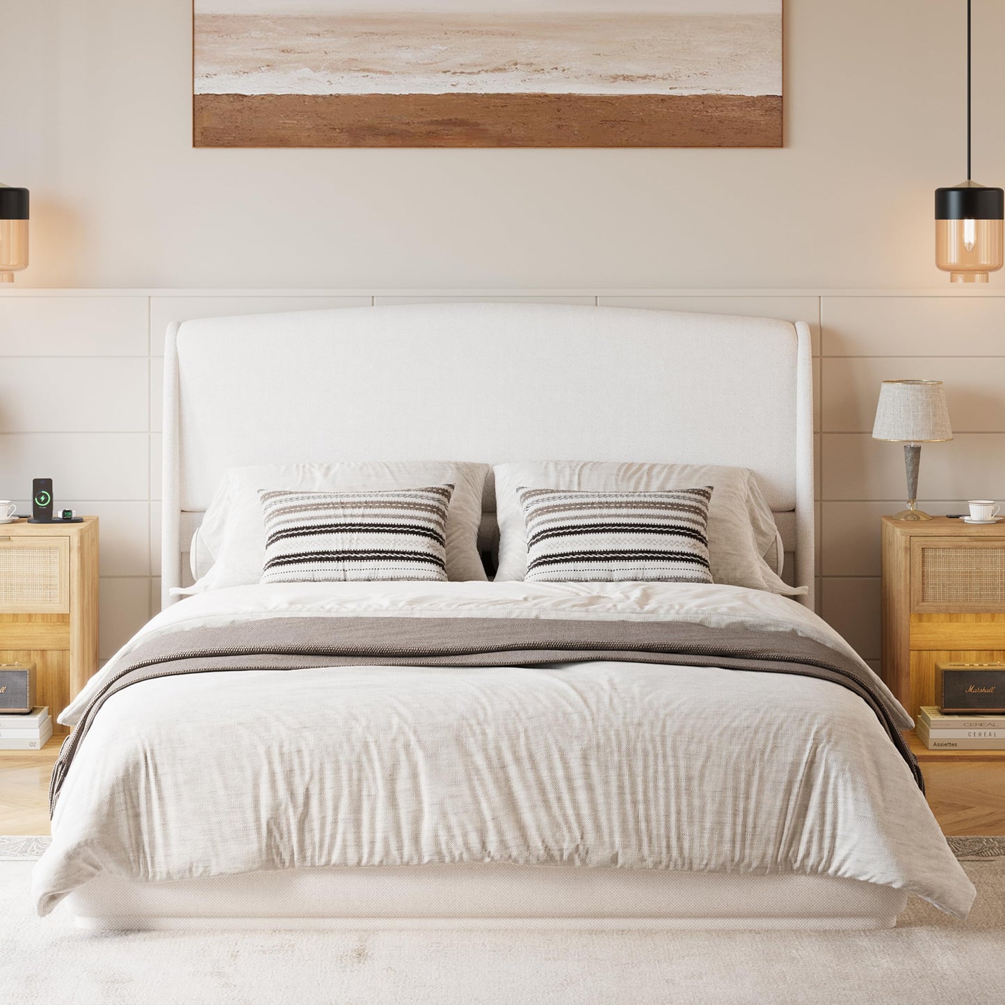 Merax Queen Bed Frame with Wingback Headboard, Low Profile Platform Bed, Linen Fabric, No Box Spring Needed, Wood Slat Support, Easy Assembly, Beige