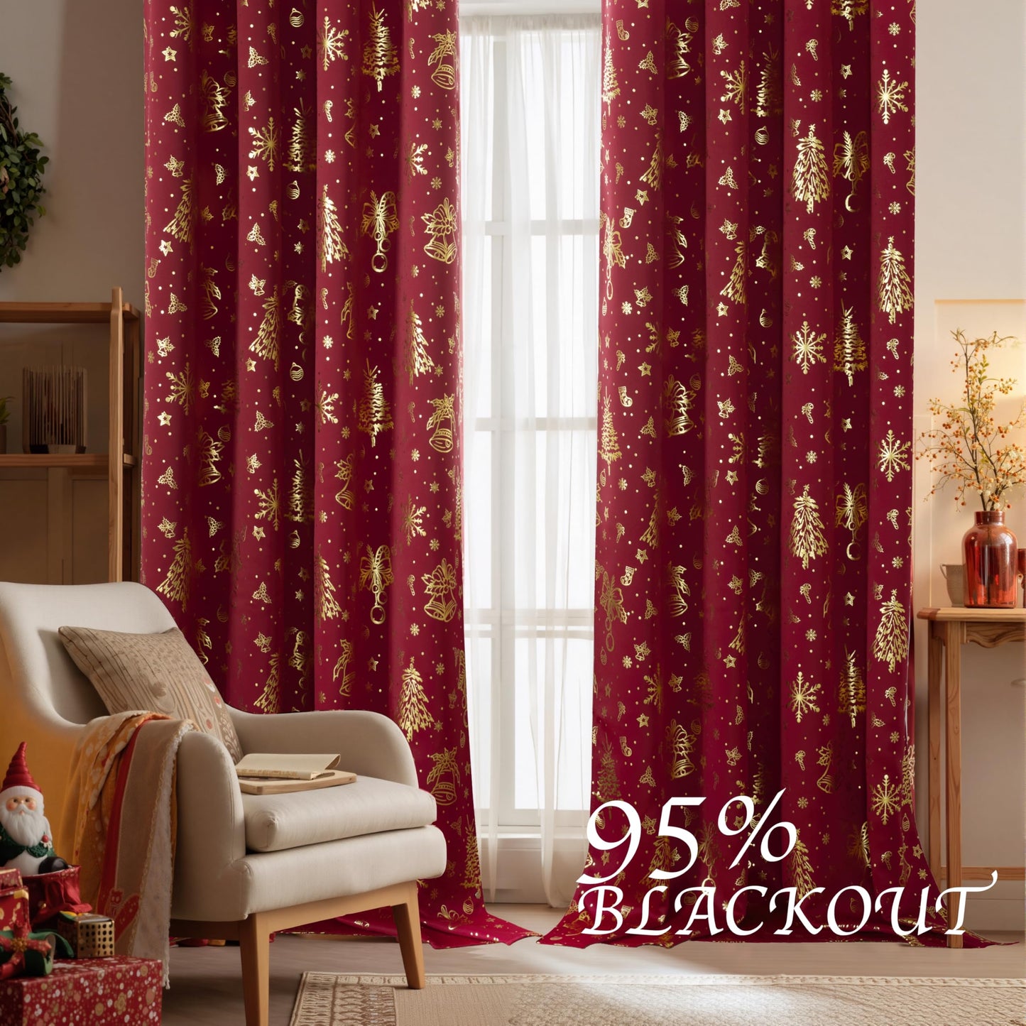 NICETOWN 2 Panels Christmas Red Curtains 52 x 84 Inch, Gold Foil Printed Grommets Drapes, Xmas Theme Window Treatment for Holiday Home Decor, Set of 2 Christmas Style Curtain Panels