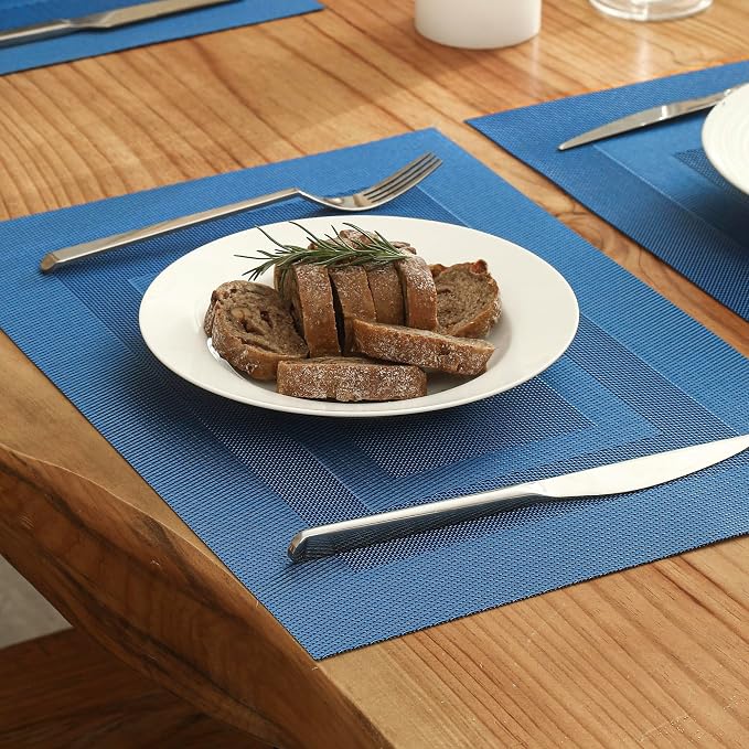 Leetaltree Blue Frame Placemats Set of 6 - Heat Resistant Non-Slip Place mats for Dining Table, Washable Durable PVC Vinyl Woven Table Mats（Blue Frame, 6）