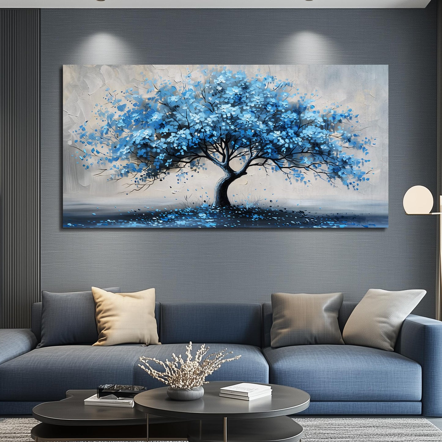 KELIYUAN Canvas Wall Art For Living Room Framed Wall Decorations For Bedroom Office Wall Decor Abstract Painting Blue Tree Pictures Artwork Ready To Hang Guesthouse Room Mural Home Decor 20x40 In
