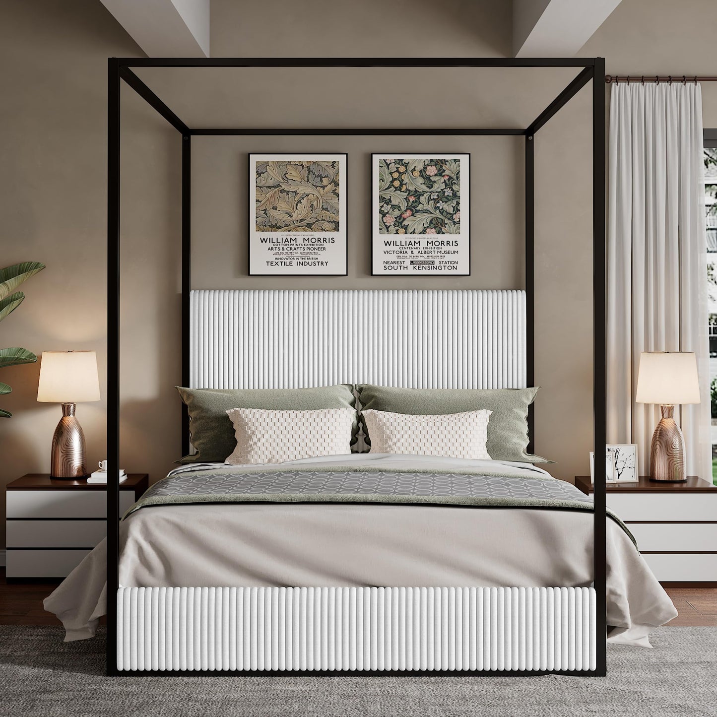 Merax Modern Luxury Queen Metal Canopy Bed with Tall Upholstered Headboard, Gold Four Poster Bed, No Box Spring Needed, White