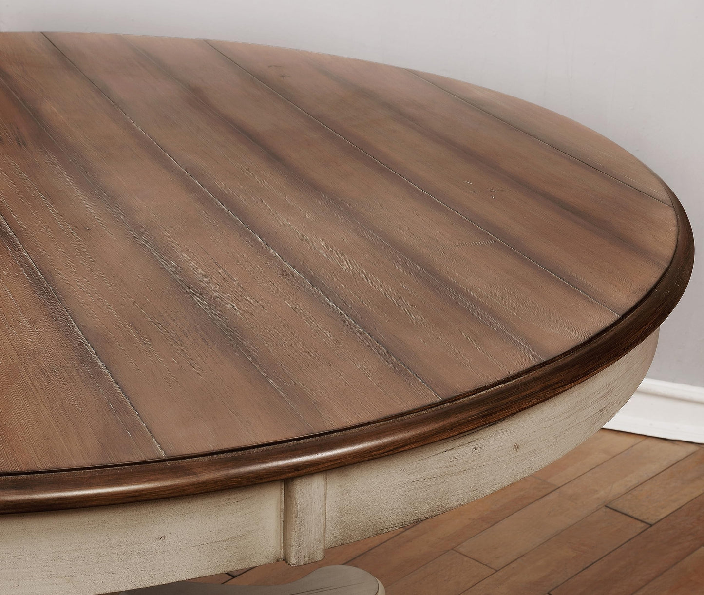 Roundhill Furniture Arch Solid Wood Dining Set: Round Table, Four Chairs, Distressed White and Dark Oak