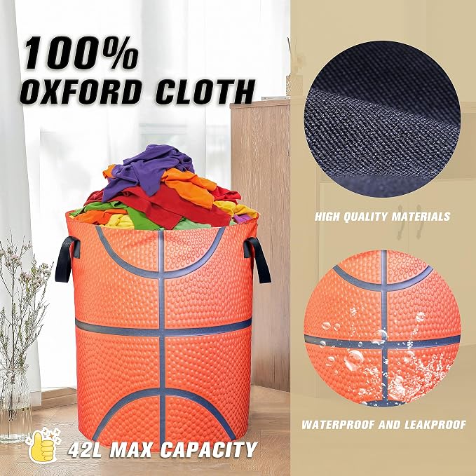 Basketball Texture Laundry Basket Ball Foldable Waterproof Oxford Cloth Funny Tote Bag Laundry Hamper Clothes Storage Bucket Organizer For Bathroom/Laundry Storage/Bedroom 18.9x16.5 Inch