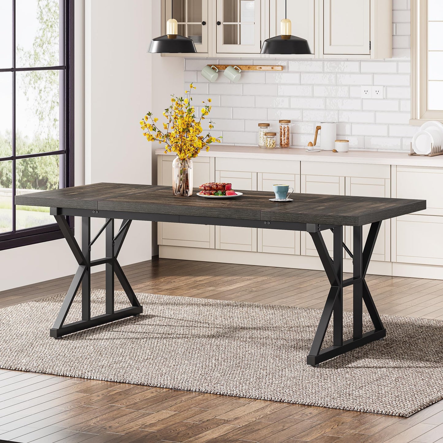 Tribesigns Farmhouse Dining Table for 6 People, 70.8-Inch Rectangular Wood Dining Table, Rustic Kitchen Table with Heavy Duty Metal Legs for Dining Room (Black, 70.8 Inch)