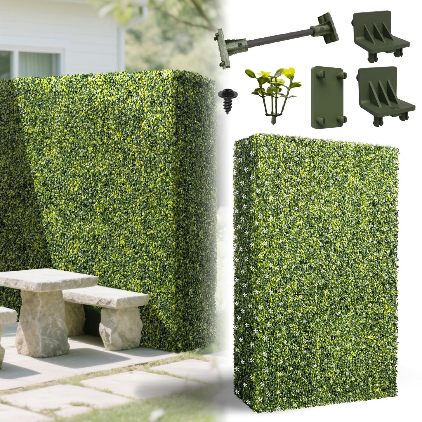 AwnPro 36Wx54Hx12D inches Artificial Boxwood Hedge Wall | Artificial Plant Waterproof Durable Partition Wall | Partition Privacy Panel | Garden Office Partition Wall | (White Flower Decoration)