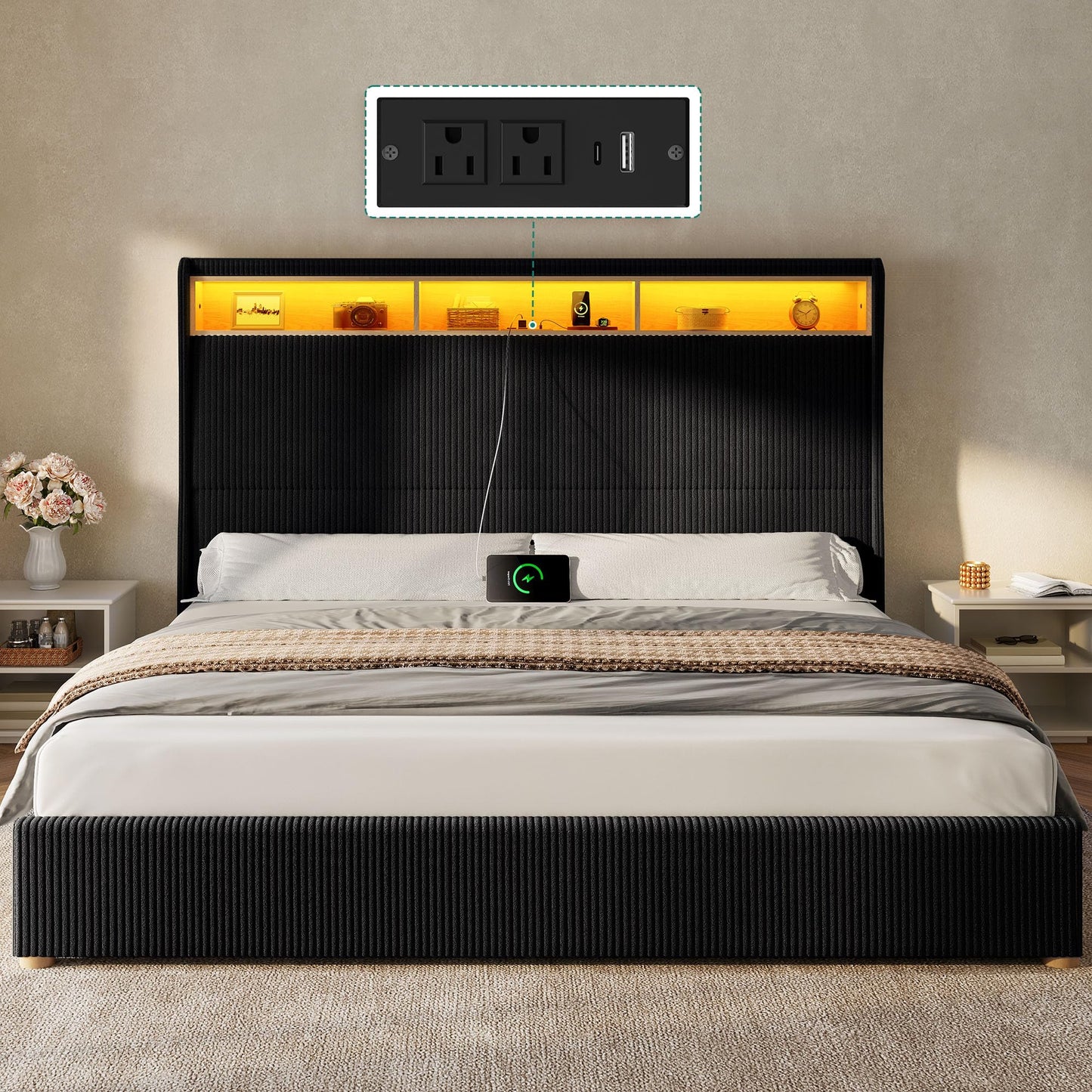 DWVO King Size Corduroy Upholstered Platform Bed Frame with Charging Station and RGB LED Lights, 53’’ Tall Storage Wingback Headboard, No Box Spring Needed, Easy Assembly, Noise-Free, Black