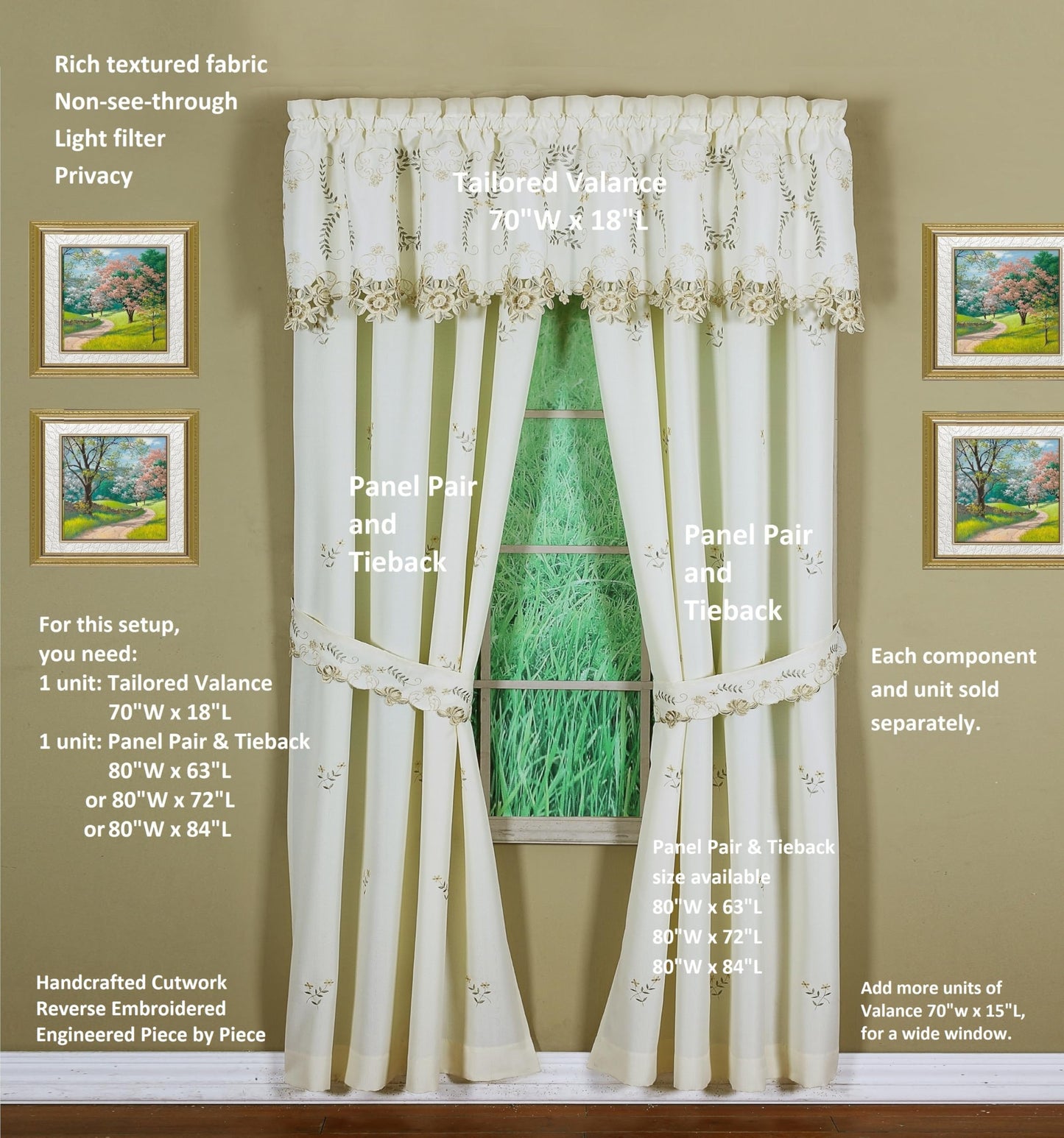 Today's Curtain Verona Reverse Embroidery Panel Pair and Tiebacks, 63", Ecru/Antique, 80" W X 63" L
