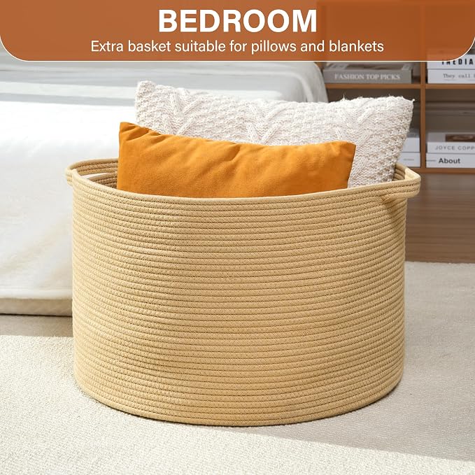 Foldable Laundry Hamper Basket with Collapsible Handle Cotton Rope Soft Woven Fabric Storage Organizer Clothes Toys Nursery Bedroom Dorm Space Saving Bin (Camel, 80L(21.7"D x 13.8"H))