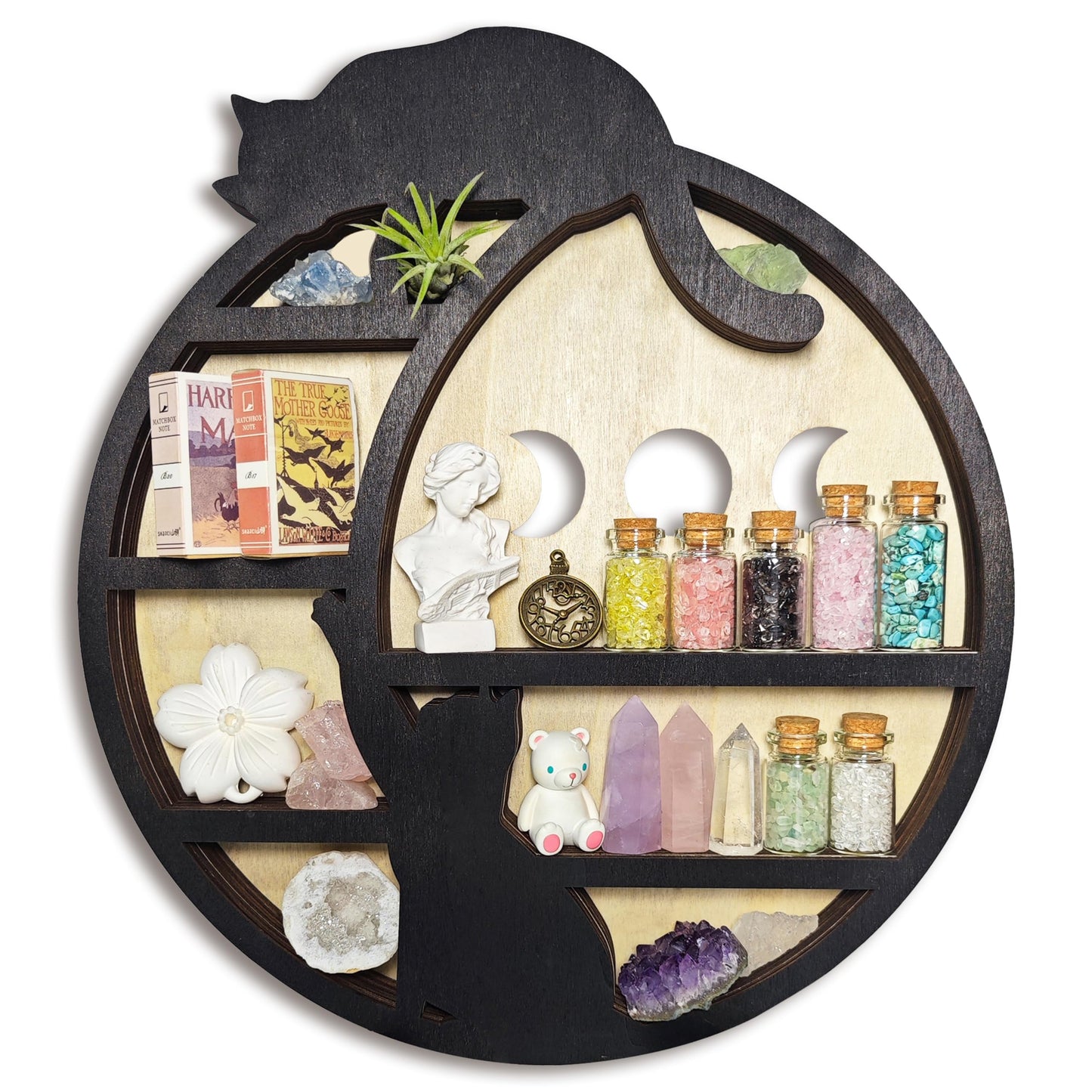 FNYDOX Cats on The Moon Crystal Display Shelf, Wooden Hanging Floating Shelf, Crescent Moon Phase Shelf Stones Essential Oil Organizer Rock Storage Gem Holder Wood Gothic Witchy Boho Home Wall Decor