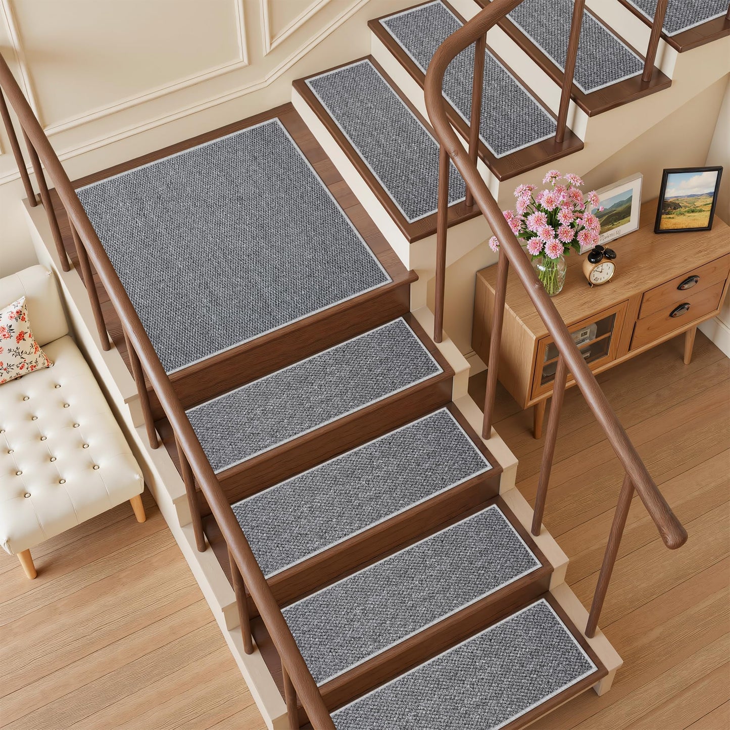 Carpet Stair Treads Non Slip - 4 Pack 8" x 30" Peel and Stick Stairs Tread for Wooden Steps Washable Stair Runners Rug Stain Resistant Edging Staircase Mat for Kids and Dogs(4pc, Grey)