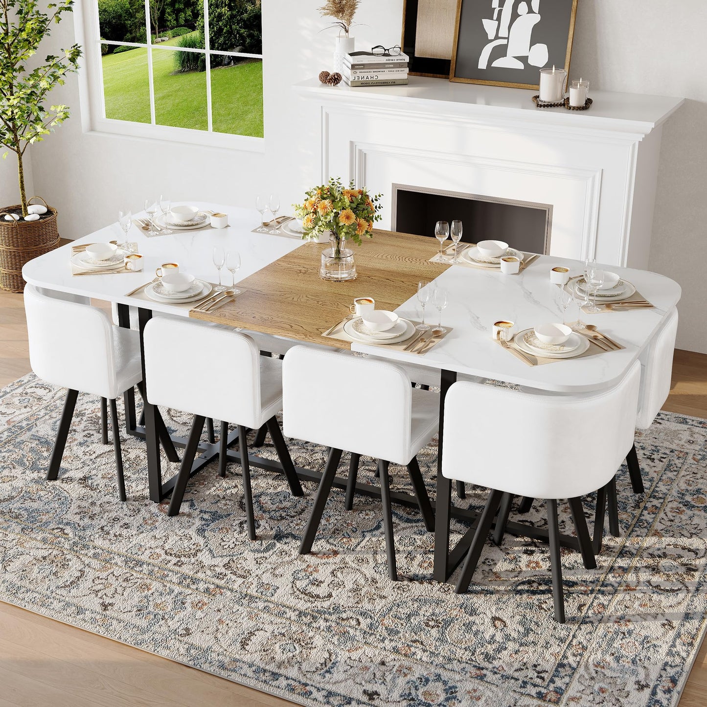 KEIKI 79" Dining Table Set for 8, Rectangular Kitchen Table Set with White Faux Marble & Wood Grain Top, Modern Dining Room Set with 8 White Faux Leather Chairs, Large Family Dining Table Furniture