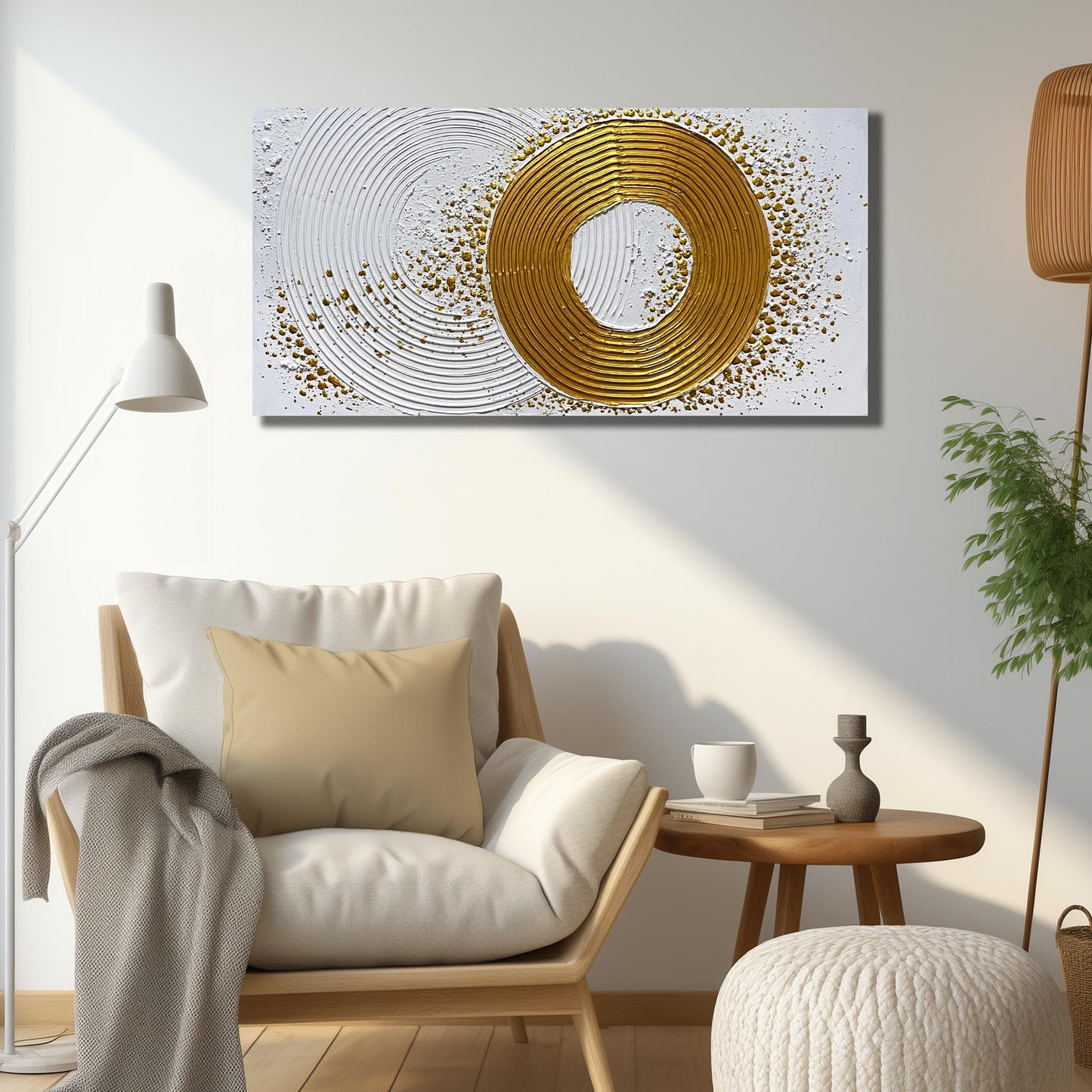 WVMAPTA Abstract Hand Painted Wall Art For Living Room White And Gold Wall Decor For Office Circle Wall Art For Bedroom Size 20 x 40 Inch