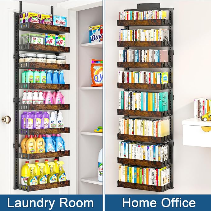BUKFEN 8-Tier Over the Door Pantry Organizer, 2-in-1 Door Hanging or Wall Mounted Spice Rack, Heavy Duty Metal Storage Shelves with Adjustable Wooden Baskets for Kitchen Bathroom Closet