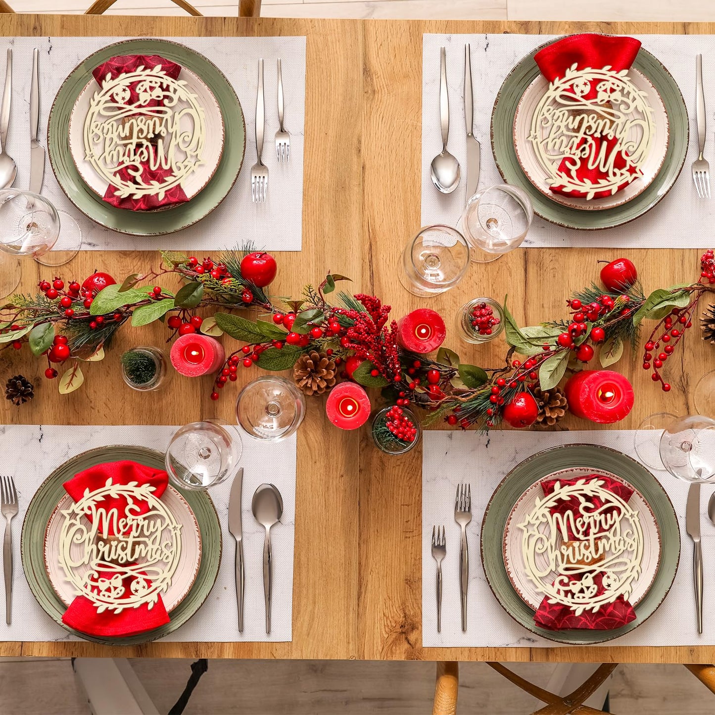 12 Pcs Christmas Wooden Plate Decor Merry Christmas Wood Cutouts Winter New Year Party Place Card Table Settings Signs for Farmhouse Dining Table Holiday Tree Decoration Ornament Flowers