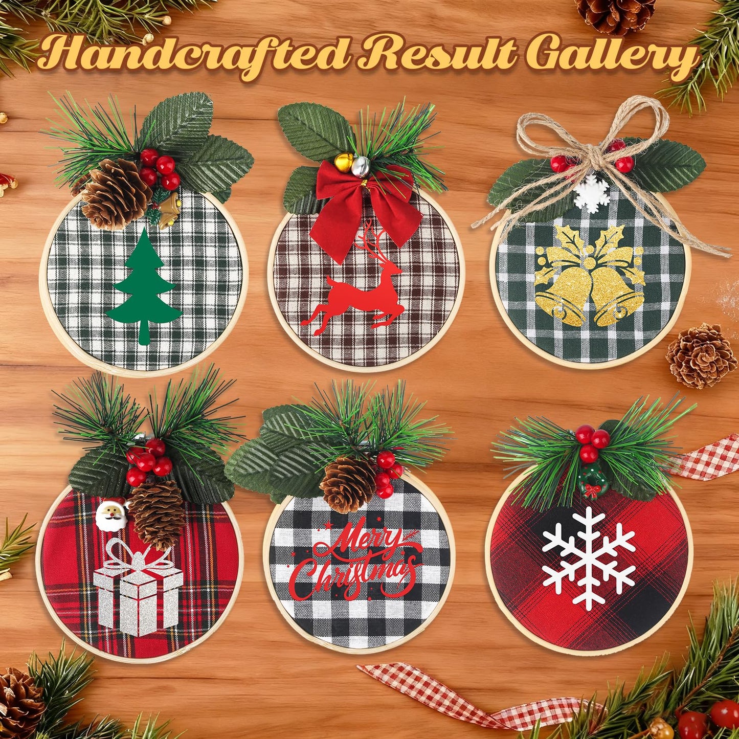 Ecoofor 8 Pack DIY Christmas Ornaments Craft Kit, Christmas Ornaments Kits with Plaid Fabric Bamboo Hoops Pinecones Berries and Other Accessories, Perfect for Christmas Crafts and Holiday Decorations