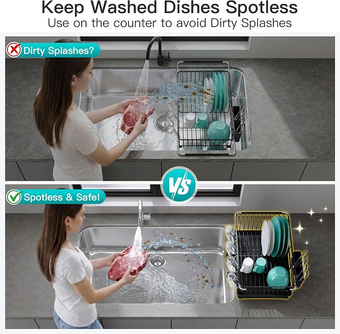 JASIWAY Black Sink Dish Drying Rack with Drainboard, Expandable Stainless Steel Dish Drainers for Kitchen Counter, Space Saving Dish Dryer Rack, Over The Sink Dish Racks with Utensil Holder