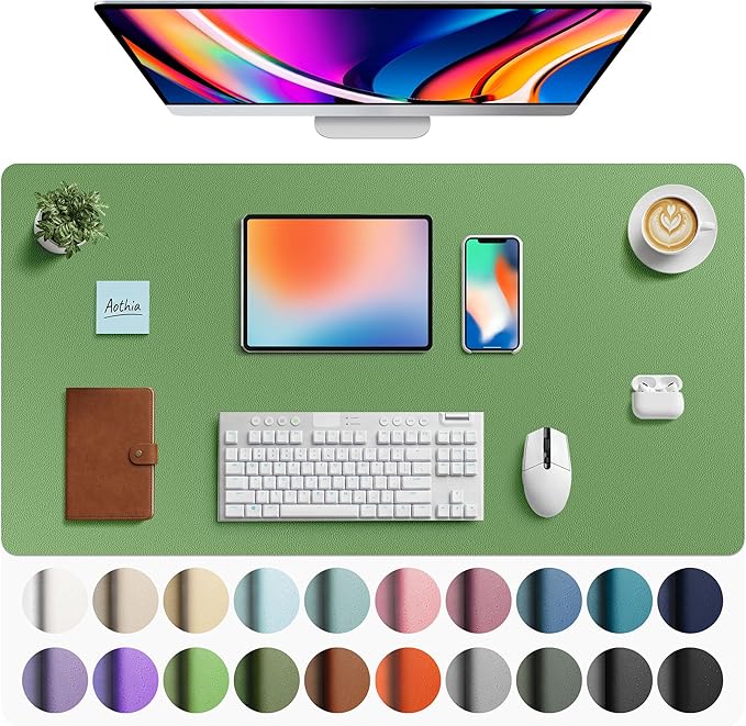 Aothia Faux Leather Desk Mat - Large Mouse Pad, Non-Slip PU Leather Blotter, Waterproof Writing Surface for Office and Home (Olive Green, 40" x 24")