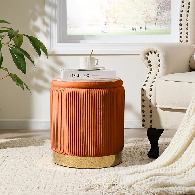 Royal Windsor Round Ottoman with Storage Set of 2, Vanity Stool with Storage for Bedroom, Ottoman Coffee Table Gold-Tone Ring Around the Base, Small Velvet Foot Stool for Living Room, Orange
