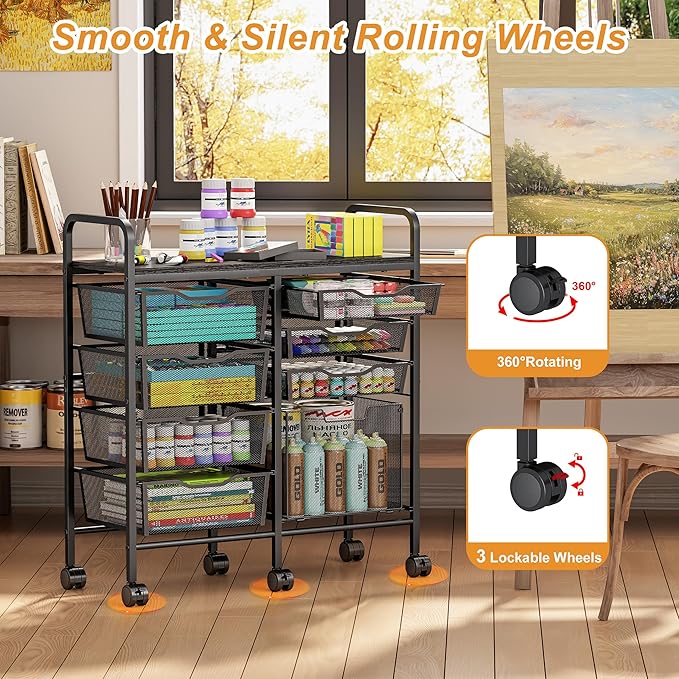 Aokitsink Rolling Cart with Drawers,8-Drawer Storage Cart with Wooden Tabletop and Lockable Wheels,Craft Storage & Art Supply Organizer,Letter-Size File Drawer for Classroom, Office & Home