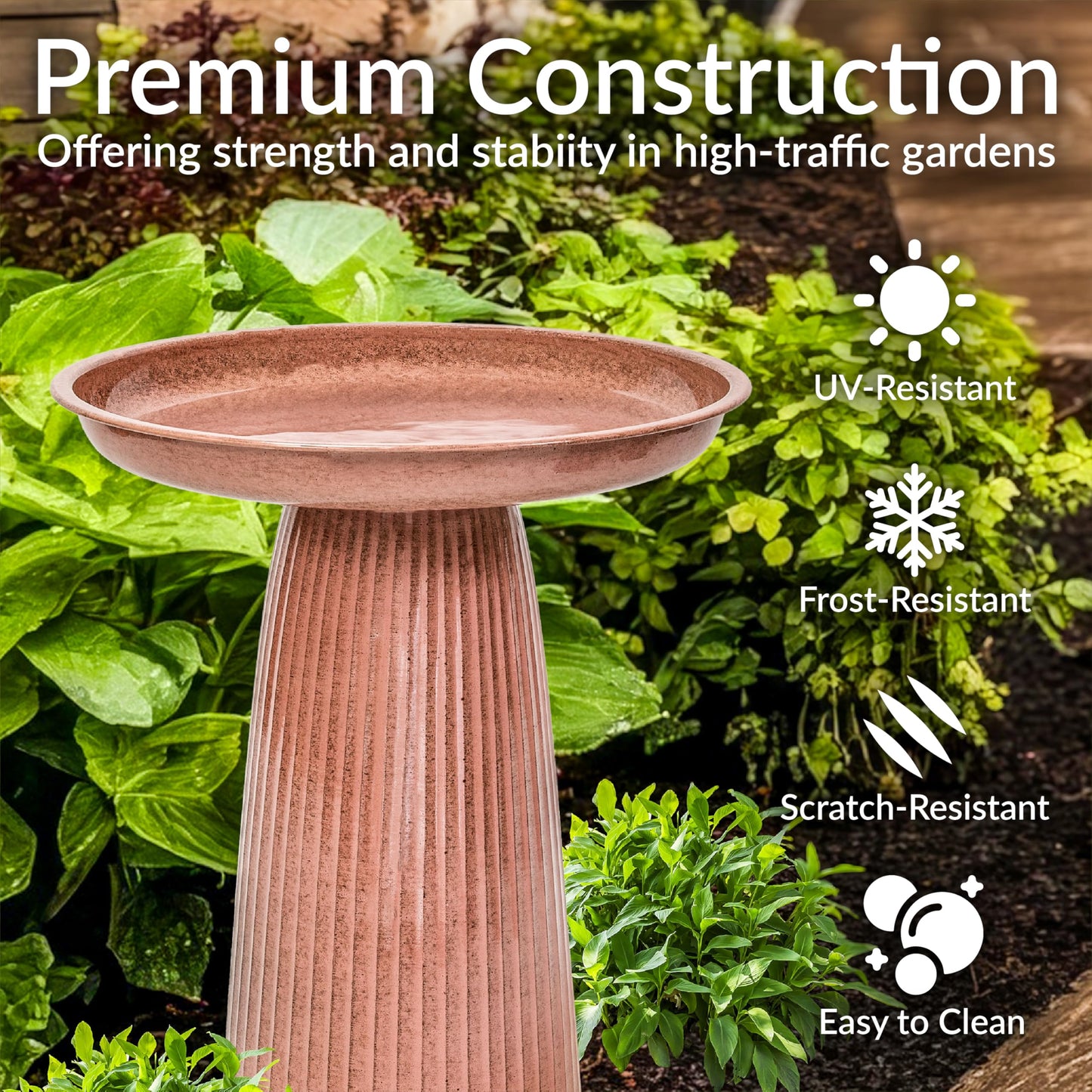 Sunnydaze Gleeful Garden 23" Iron Pedestal Bird Bath for Outside - Modern Shallow Basin Birdbath for Outdoors with UV-Protected Rust-Resistant Finish for Patio, Garden, Yard Decor - Canyon Clay Glaze