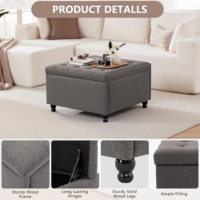 Weture 30 Inch Large Square Storage Ottoman Coffee Table, Oversized Square Ottoman with Storage, Tufted Upholstered Coffee Tables for Living Room (Fabric, Dark Grey)