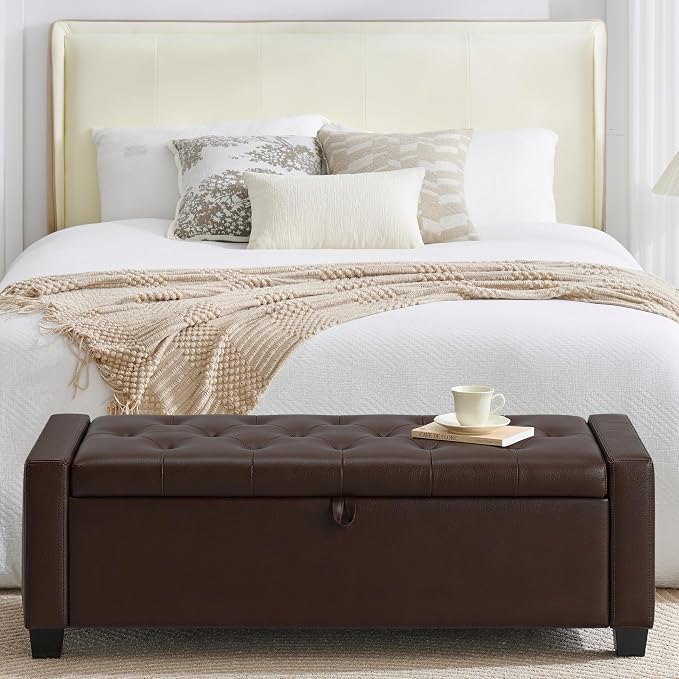 Huatean Home 48" Ottoman with Storage, Storage Ottoman Bench with Safety Hinge, Upholstered Entryway Bench with Seating for Bedroom, Living Room, Holds up to 330 lb, Dark Brown