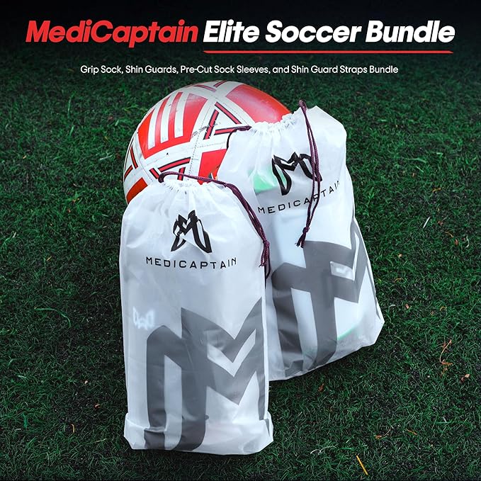 Soccer Grip Socks, Shin Guards, Pre Cut Sock Sleeves, and Guard Straps Bundle Pack - Essential Equipment for Soccer Players - for Mens, Women, Youth, Size 7 to 12 US Men Shoe Size