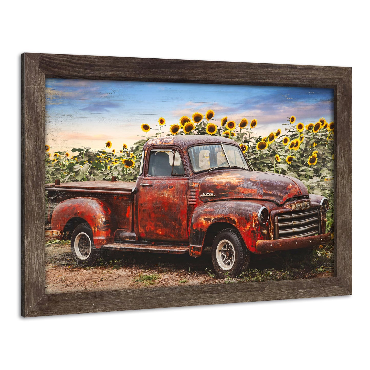 Countryside Landscape Framed Wall Art: Rustic Red Truck Painting Farm Wood Artwork Sunflower Picture Old Car Prints for Farmhouse Bedroom Decor