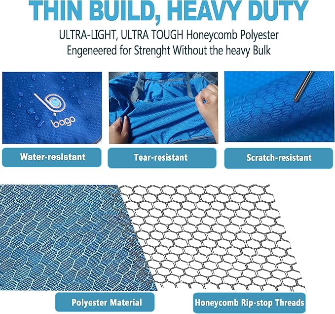 Bago Foldable Duffel Bags for Traveling Women & Men - 60L Medium Packable Duffle Bag for Travel with Shoe Compartment - Water Repellant, Heavy Duty, Lightweight Folding & Collapsible (Blue)
