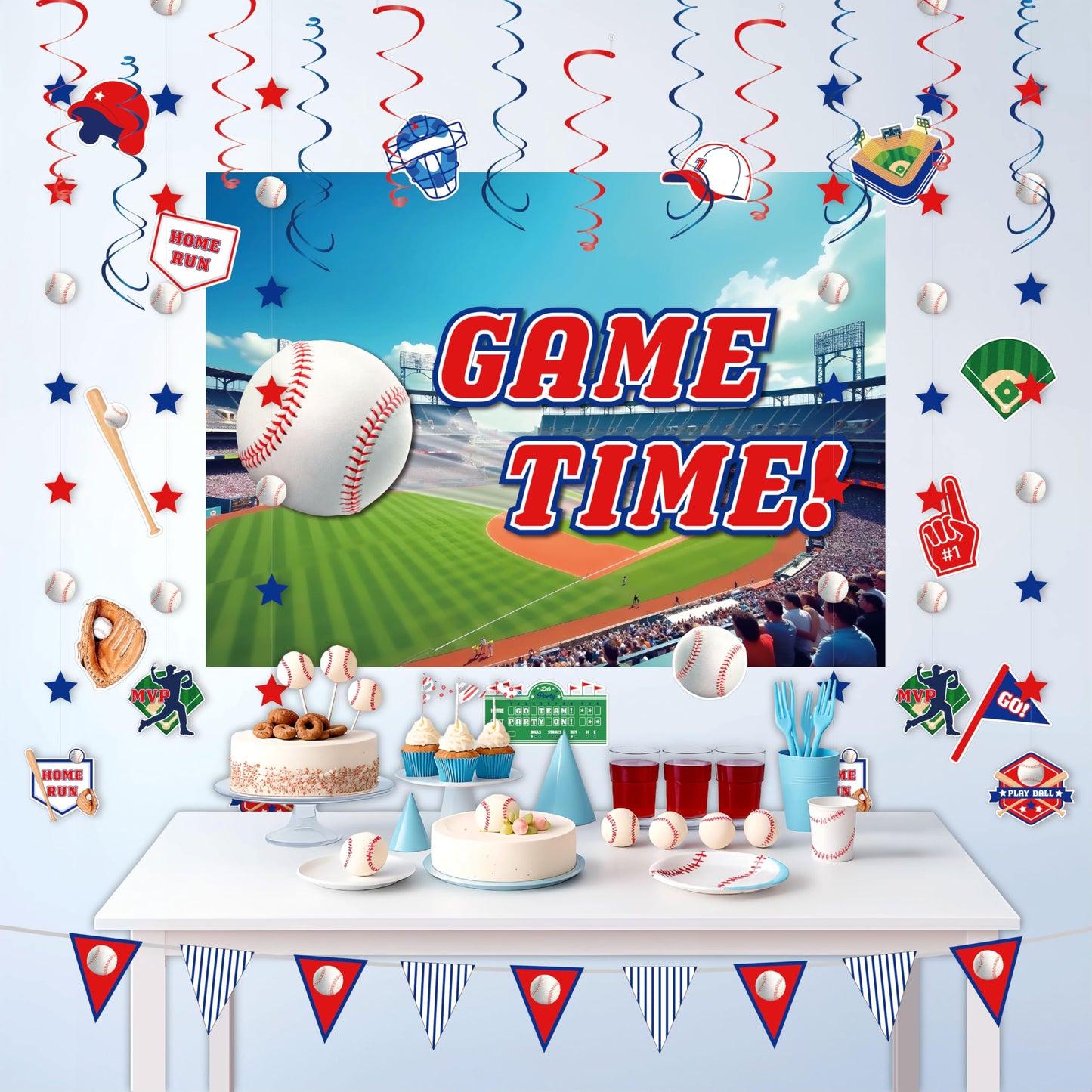 HonuGoGo Baseball Party Decorations, 33PCS Set with Game Time Backdrop, Paper Banners, Hanging Swirls and Cutouts, Red Blue White Baseball Themed Decor for Sport Events and Birthday Celebrations