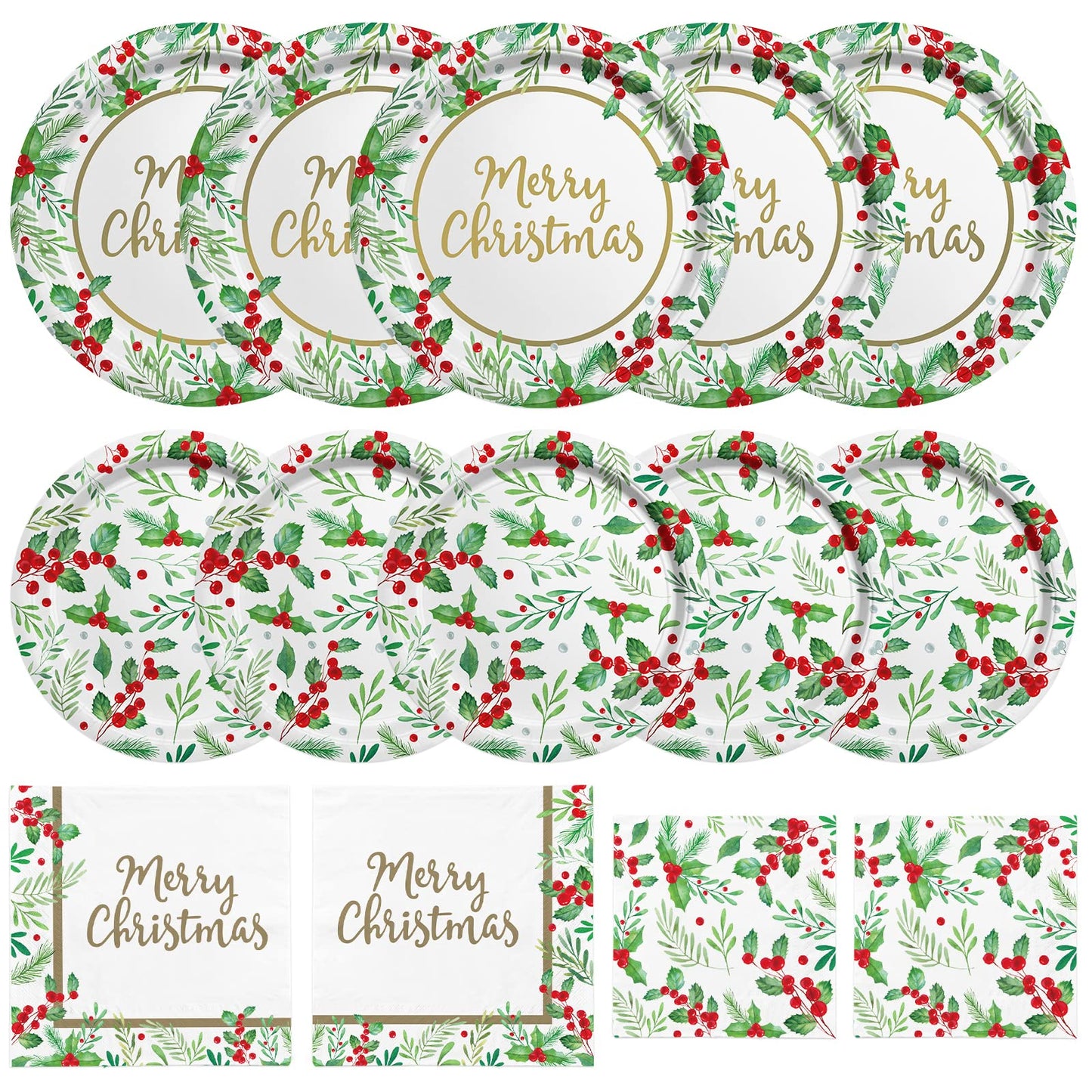 Christmas Party Supplies, Serve 50, Christmas Seasonal Holly Tableware Includes: Paper Dinner Plates, Dessert Plates, Luncheon Napkins and Beverage napkins, Great for Party Decorations