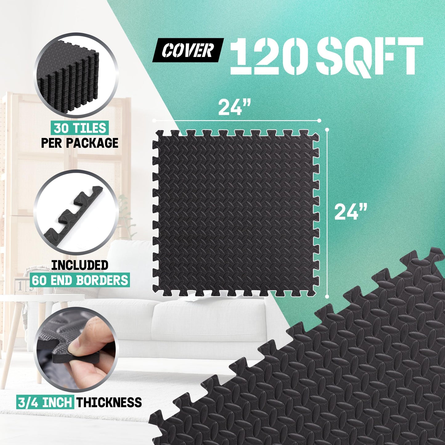 Foam - EVA Foam Interlocking Mats - Black - 3/4" Thick, 120 Square Feet