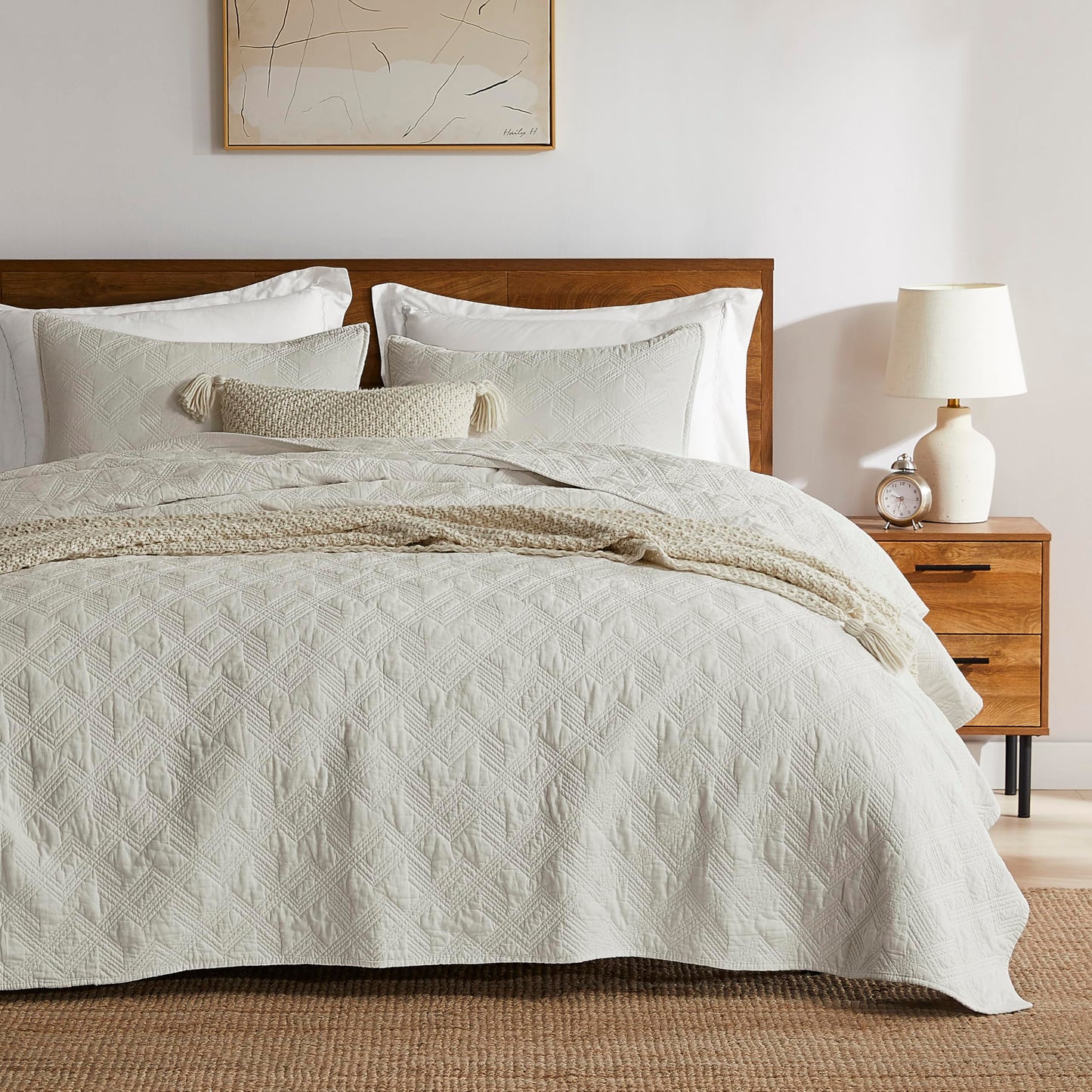 WDCOZY 100% Cotton Queen Size Quilt Set - Beige Pre-Washed Soft Lightweight Modern Bedspread, Farmhouse Country Rustic Coverlet, Textured Like Linen, Shabby Chic Gauze Bedding, 3 Pieces