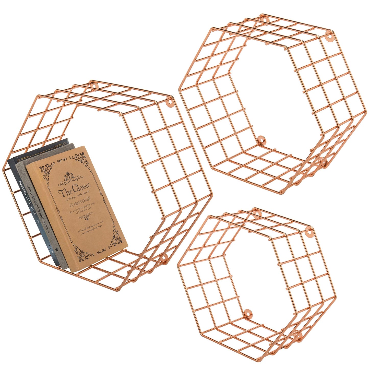 MyGift Copper Floating Hexagon Shelves, Hexagonal Copper-Tone Wire Wall-Mounted Hanging Shelf, Set of 3