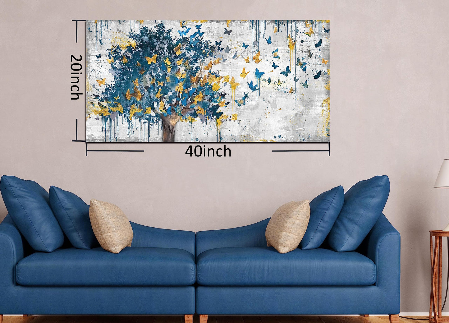 Kepgonegu Large Canvas Wall Art Blue Tree Golden Butterflies Picture Abstract Grey Graffiti Canvas Prints Ready to Hang for Living Room Bedroom Size 20x40