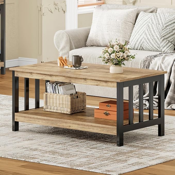 ChooChoo Farmhouse Coffee Table, Living Room Table with Shelf, 40 Rustic Oak & Black