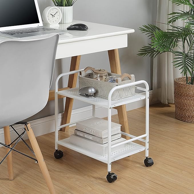 SunnyPoint 2-Tier Metal Rolling Utility Cart – Mobile Storage Shelf with Caster Wheels – Small Space Organizer for Home, Office, Bedroom, Kitchen (WHT) (Pack of 2)