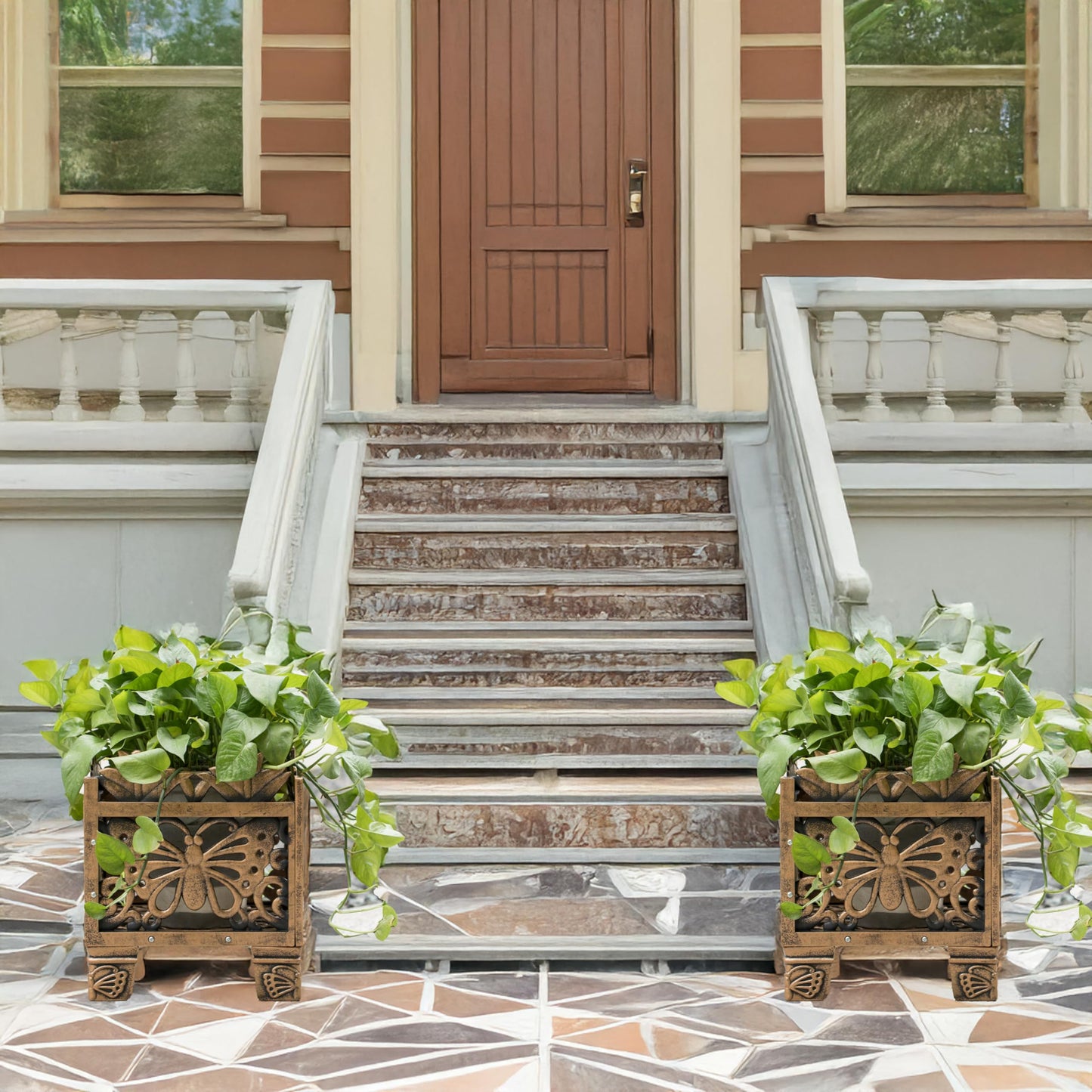 Set of 2 Outdoor Living Butterfly Square Plant Stands, Decorative Flower Planting Pots, Antique Bronze Finish, Garden Patio Decor