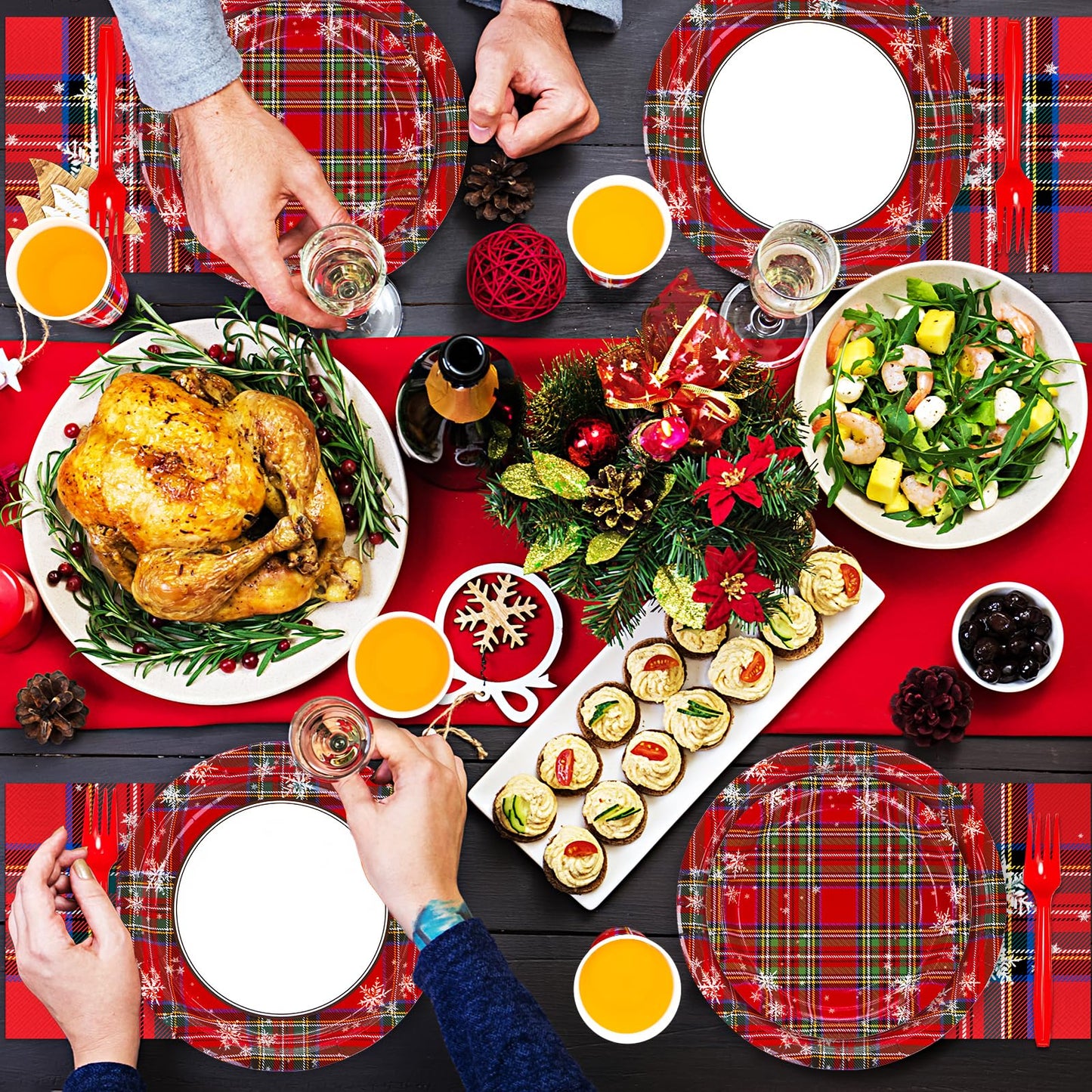 DYLIVeS Tartan Plaid with Snowflake Party Supplies, Tartan Plaid Decorations Disposable Dinnerware Set, Red and Green Plaid 9.2" Dinner Plates, 7" Dessert Plates, Napkins Cups Forks, Serves 24