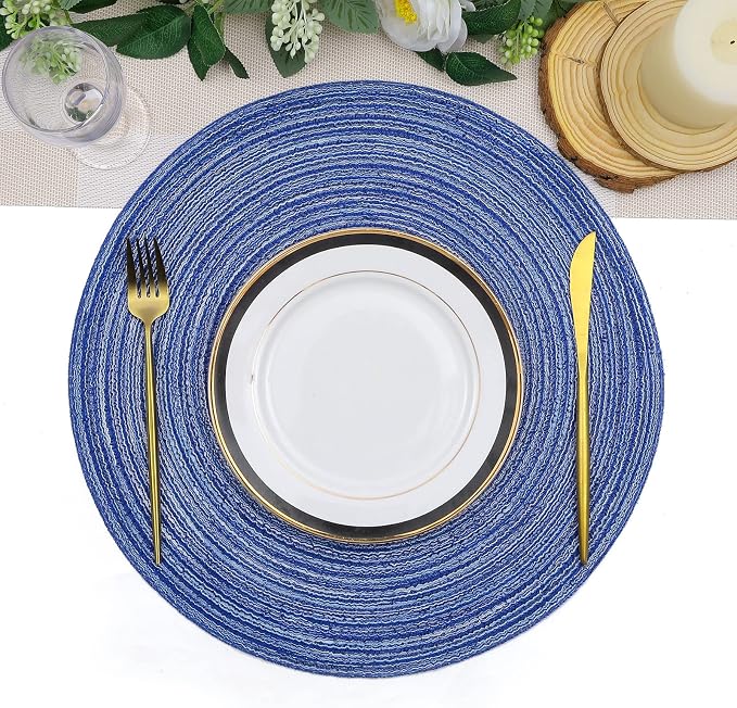 SHACOS Round Braided Placemats Set of 8 Round Table Mats for Dining Tables Washable Fabric Kitchen Table Place Mats (Blue White, 8)