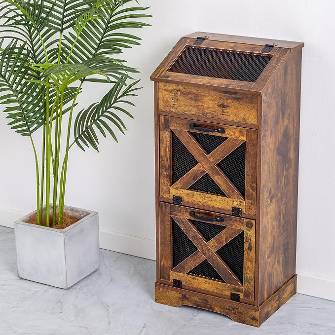 Potato Storage Bin Wooden Bread Box, Mid Century Modern Vegetable Storage Box with Lid, Farmhouse Potato and Onion Storage Cabinet for Kitchen,Brown