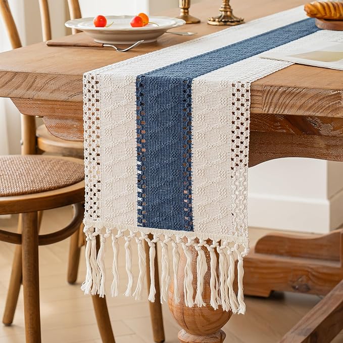 FEXIA Boho Blue Table Runner 60 Inches Long with Tassels Macrame Farmhouse Summer Style Graduation Party Rustic Wedding Baby Shower Dining Kitchen Living Room Decor (12x60 Inches)