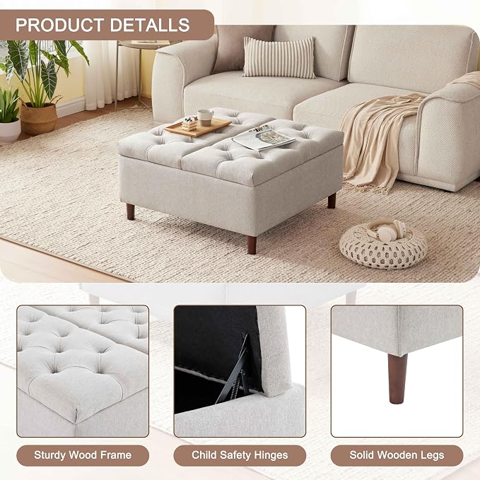 Weture 35 Inch Extra Large Storage Ottoman Coffee Table, No Assembly Required, Oversized Square Ottoman with Storage, Tufted Upholstered Ottomans Coffee Table for Living Room (Fabric, Light Grey)