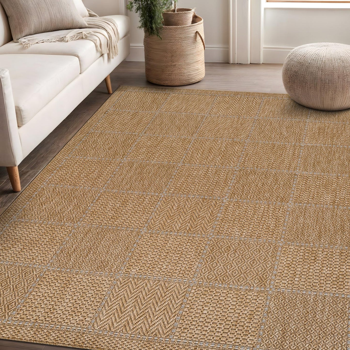Beverly Rug Easy Jute Checkered Squared Rug 9x12 Washable Large Indoor Outdoor Area Rugs for Living Dining Room Patio Office Stain Resistant Non Shedding Casual Indoor Outside Carpet 9 x 12 Natural