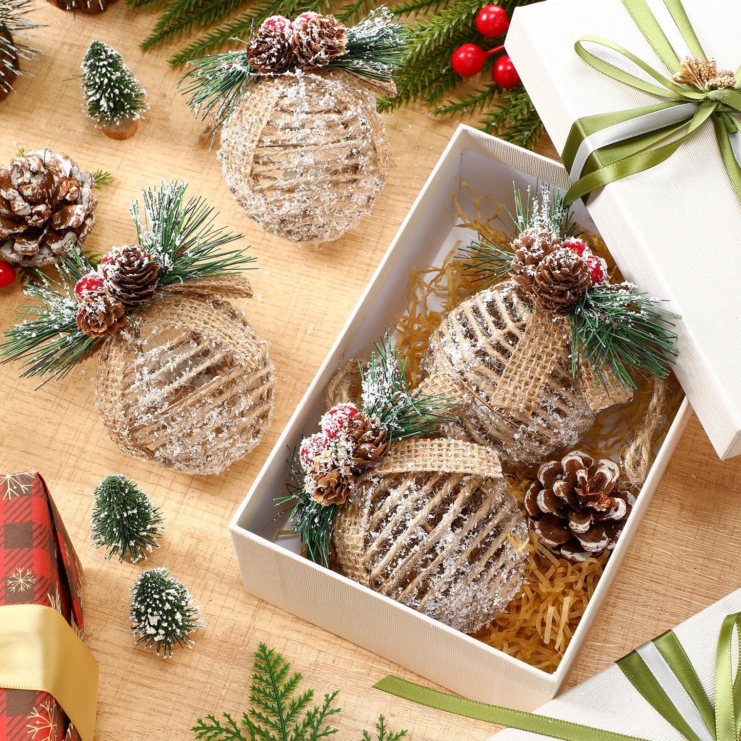 Gemscream 4 Pcs Farmhouse Christmas Ball Ornaments 3.15 Inch Rustic Boho Xmas Tree Hanging Decor with Pine Cones, Pine Needles, Berries and Burlap Bows Linen Shatterproof for Holiday Home Party Decor