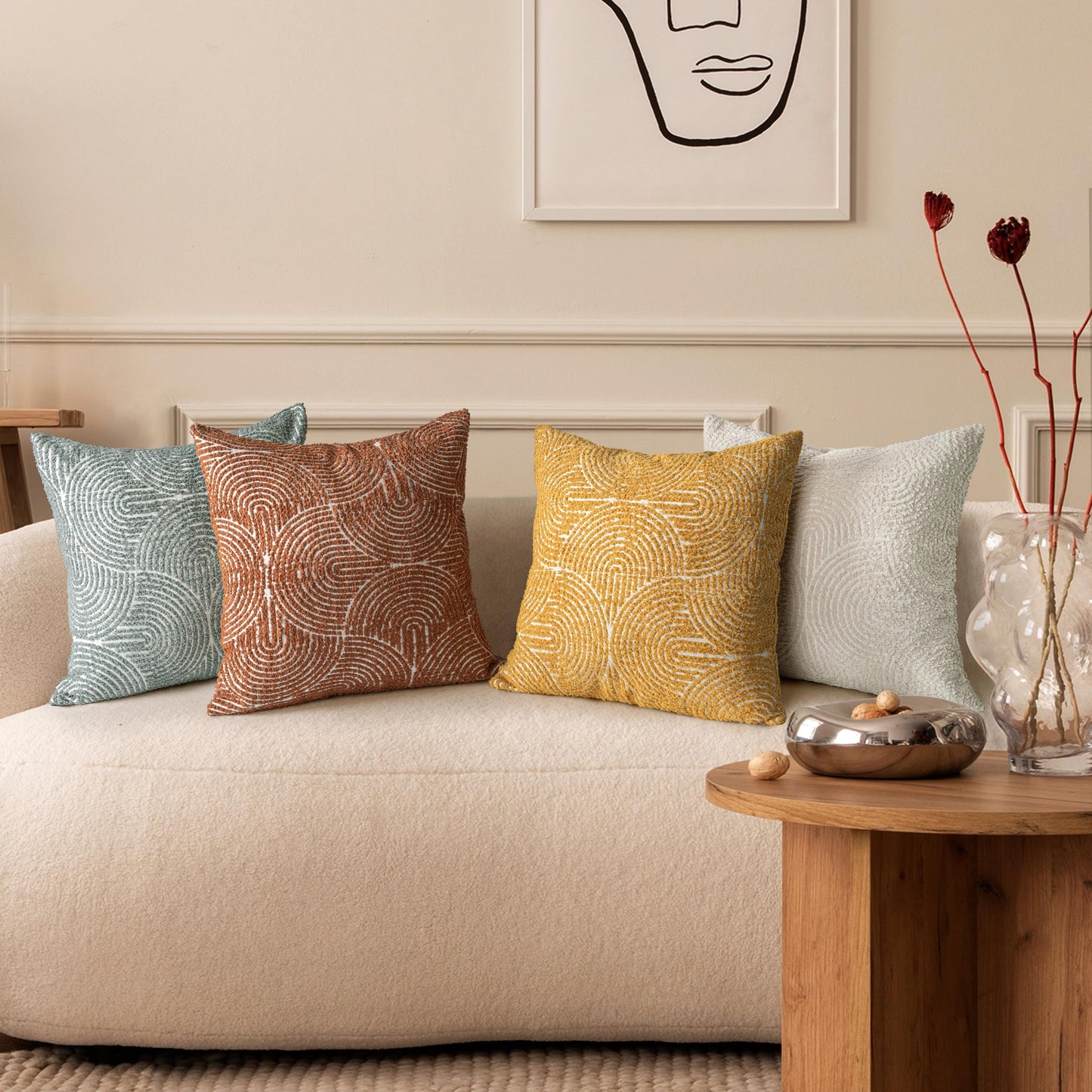 AELS Boho Decorative Textured Throw Pillow Covers 18x18, Organic Modern Mid Century Rainbow Tufted Pillow Case, Farmhouse Rustic Geometric Woven Cushion Case for Bed Couch Sofa, Mustard Yellow